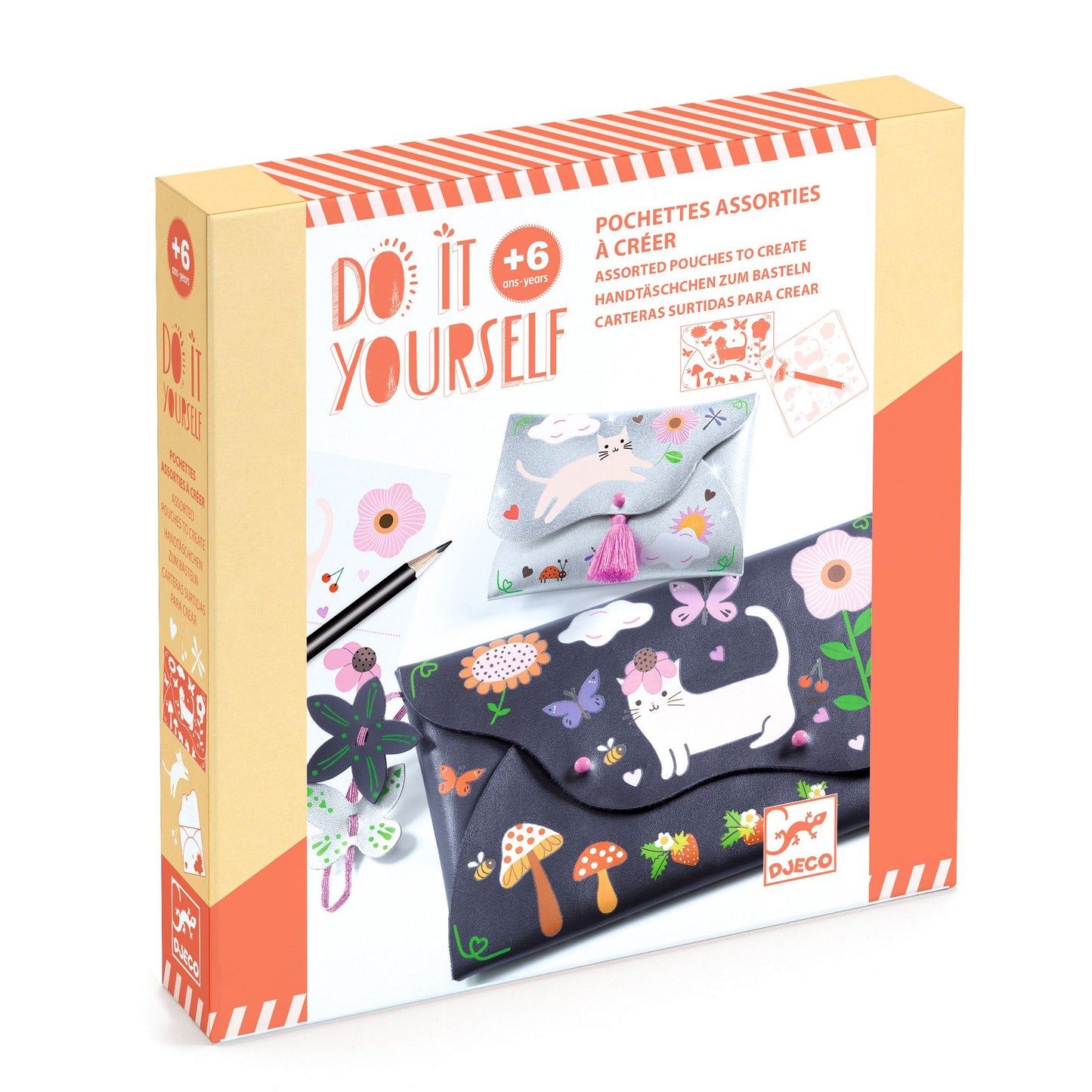 Boîte du kit Do It Yourself Djeco Pochettes assorties à créer pour enfants dès 6 ans avec décors de chats et fleurs.