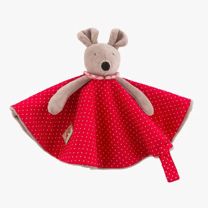 Doudou plat Nini la souris Moulin Roty en tissu rouge à pois blancs, collection La Grande Famille.