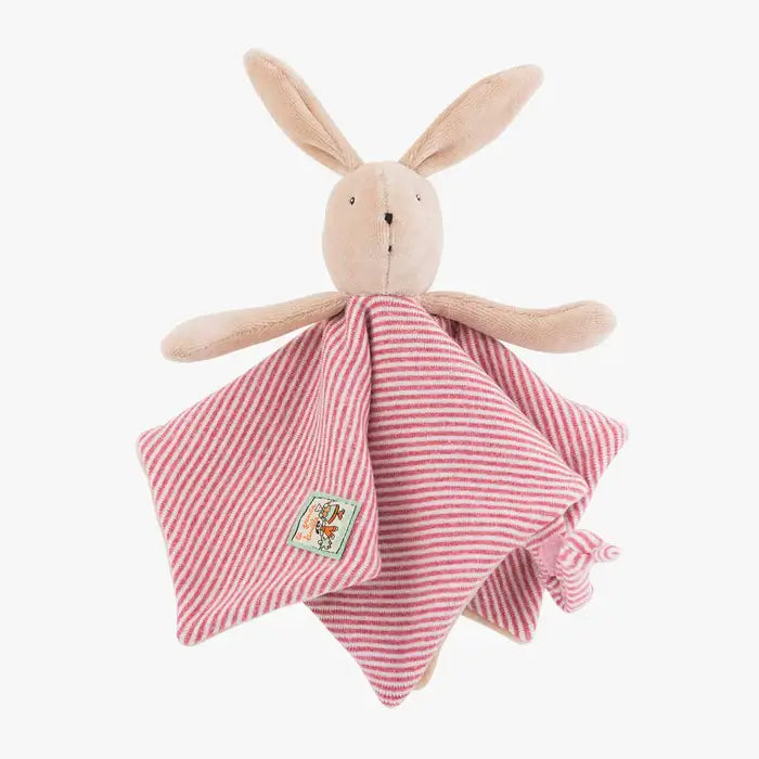 Doudou plat lapin rose et blanc à rayures avec corps en velours doux et longues oreilles, de la collection La Grande Famille par Moulin Roty.