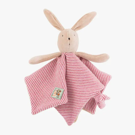 Doudou plat lapin rose et blanc à rayures avec corps en velours doux et longues oreilles, de la collection La Grande Famille par Moulin Roty.