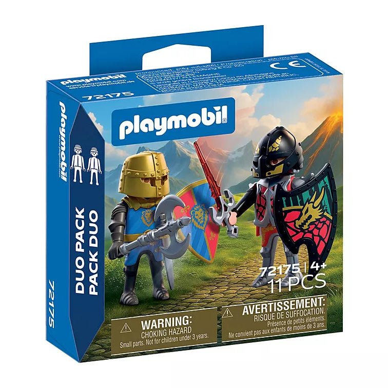 Boîte du Duo Pack Playmobil 72175 Duel de chevaliers, montrant les deux figurines de chevaliers armés et leurs boucliers.
