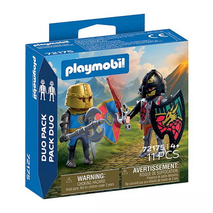 Boîte du Duo Pack Playmobil 72175 Duel de chevaliers, montrant les deux figurines de chevaliers armés et leurs boucliers.