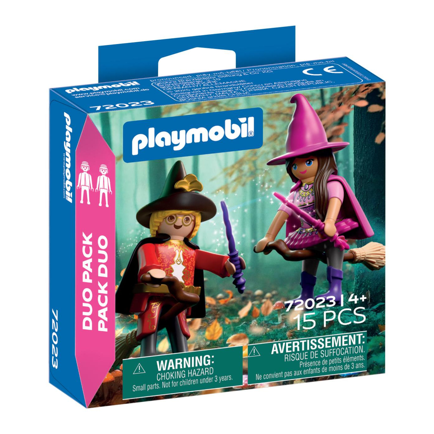Boîte du coffret Duo Pack Playmobil 72023 comprenant deux figurines de sorcier et sorcière avec balais et baguettes magiques.