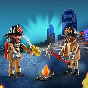 Figurines de pompiers Playmobil DuoPack 71207 avec extincteur, hache et petit feu.
