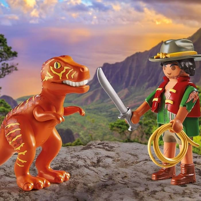 Figurines Playmobil DuoPack Aventurier et dinosaure Velociraptor avec machette et lasso.