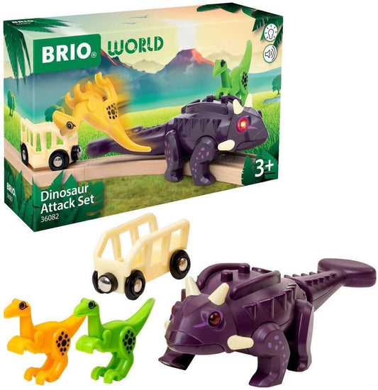 Ensemble Attaque du Dinosaure BRIO World 36082 comprenant un grand dinosaure violet sonorisé et lumineux, deux petits dinosaures et un wagon cage.
