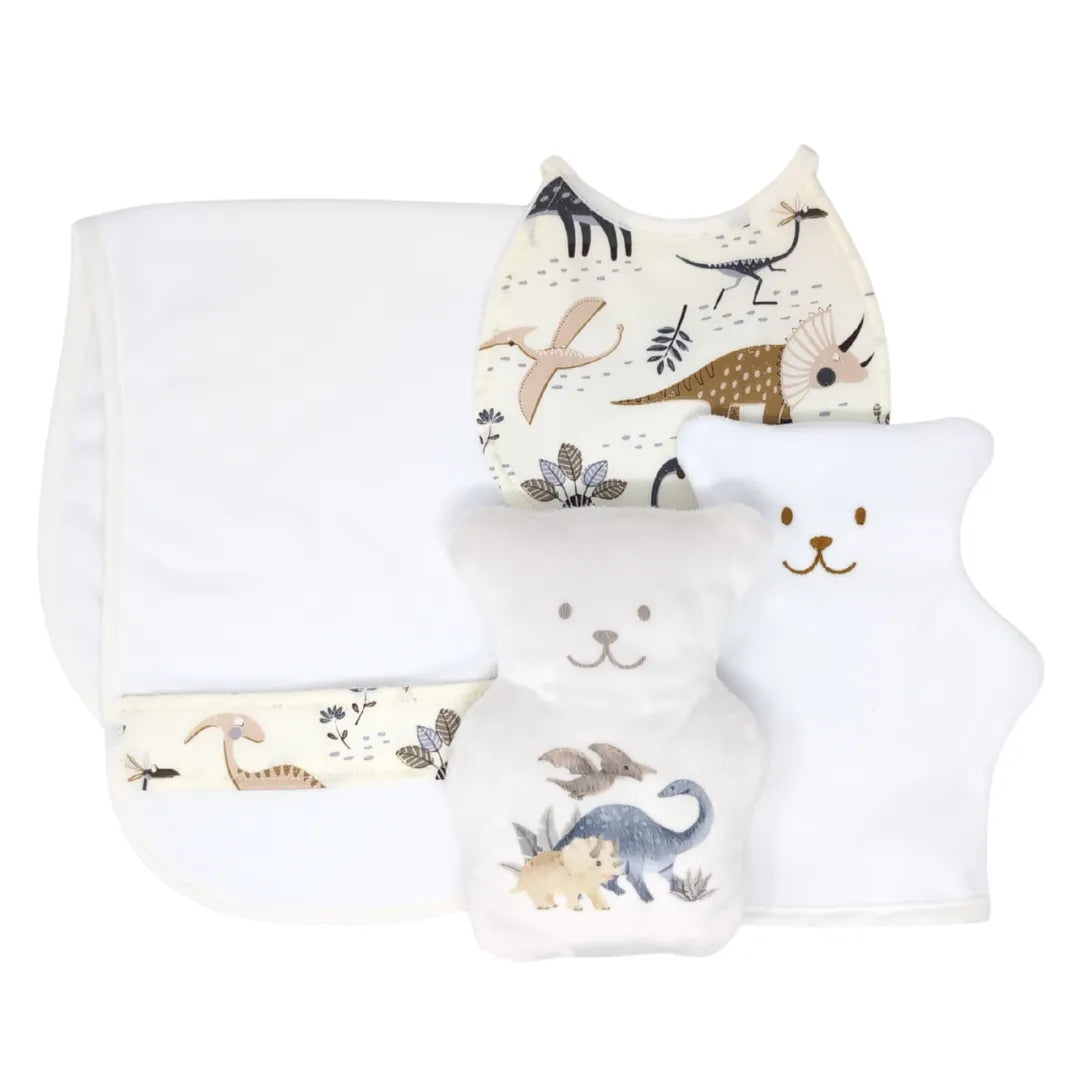 Ensemble cadeau pour nouveau-né modèle Louis de Béké Bobo sur le thème des dinosaures, incluant un ourson thérapeutique, une doudou, un bavoir et une débarbouillette.