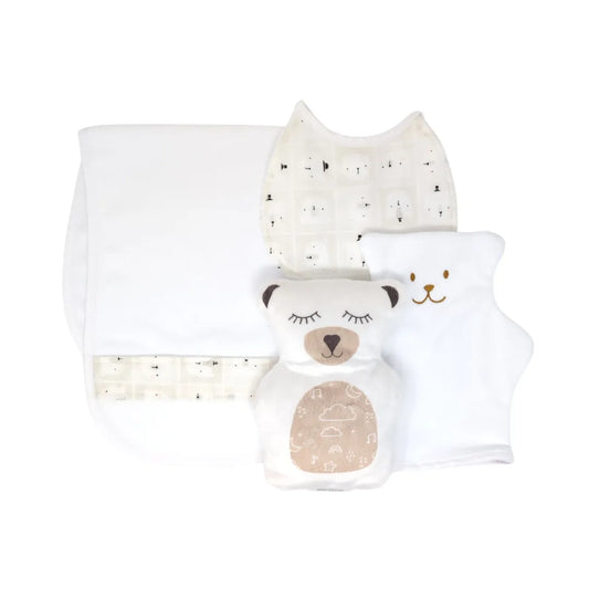 Coffret cadeau de naissance Samy par Béké Bobo comprenant un ourson thérapeutique, un bavoir, une doudou et une débarbouillette aux tons neutres.