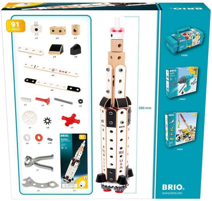 Dos de la boîte du coffret de construction BRIO Builder Apollo Saturn V détaillant les 91 pièces et la hauteur de 58 cm.