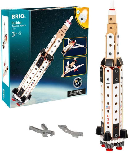 Ensemble de construction fusée Apollo Saturn V BRIO Builder 34607 avec sa boîte et ses outils de montage.