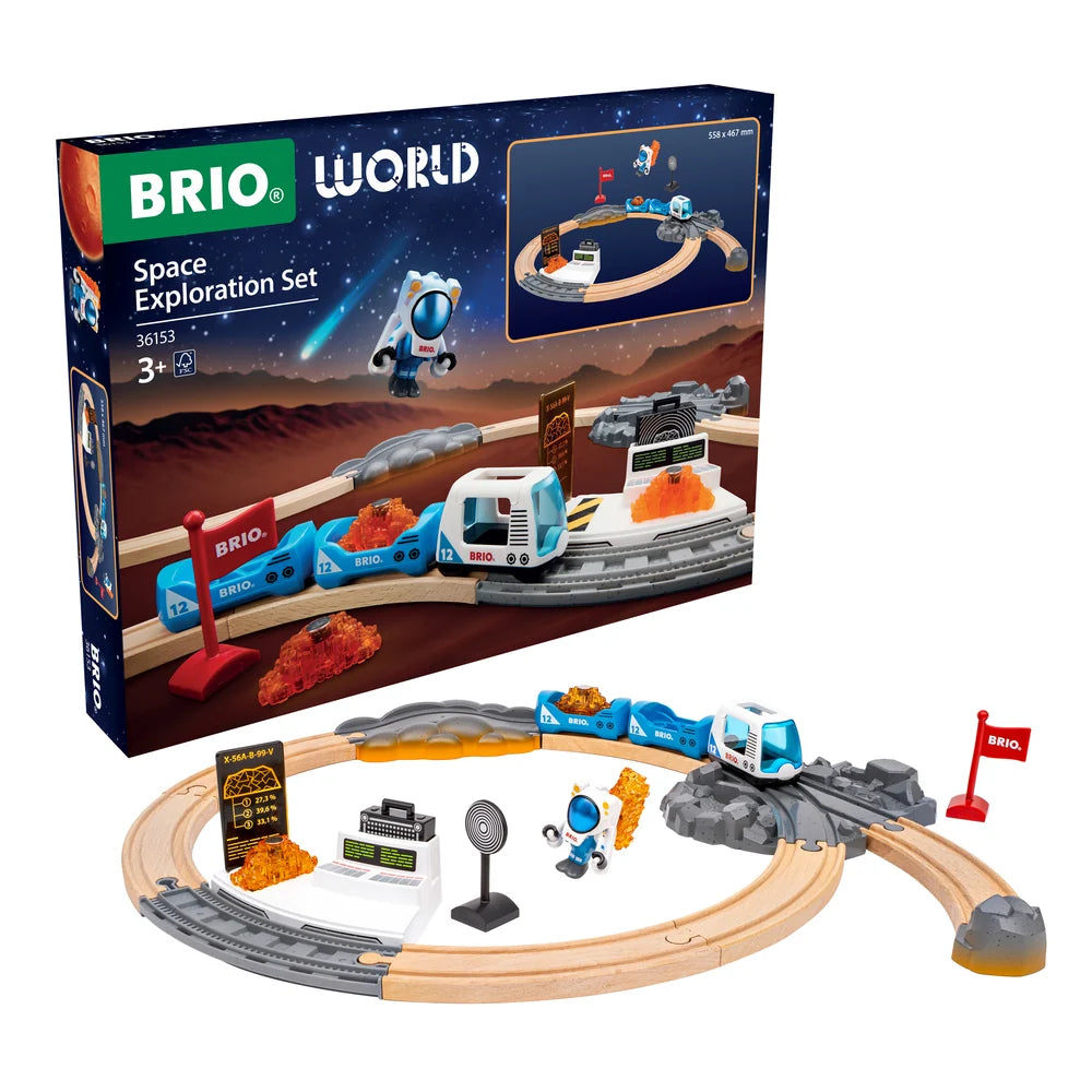 Circuit de train Coffret Exploration Spatiale BRIO World 36153 avec sa boîte, comprenant un train spatial, une figurine d'astronaute, une station de contrôle et des roches martiennes.