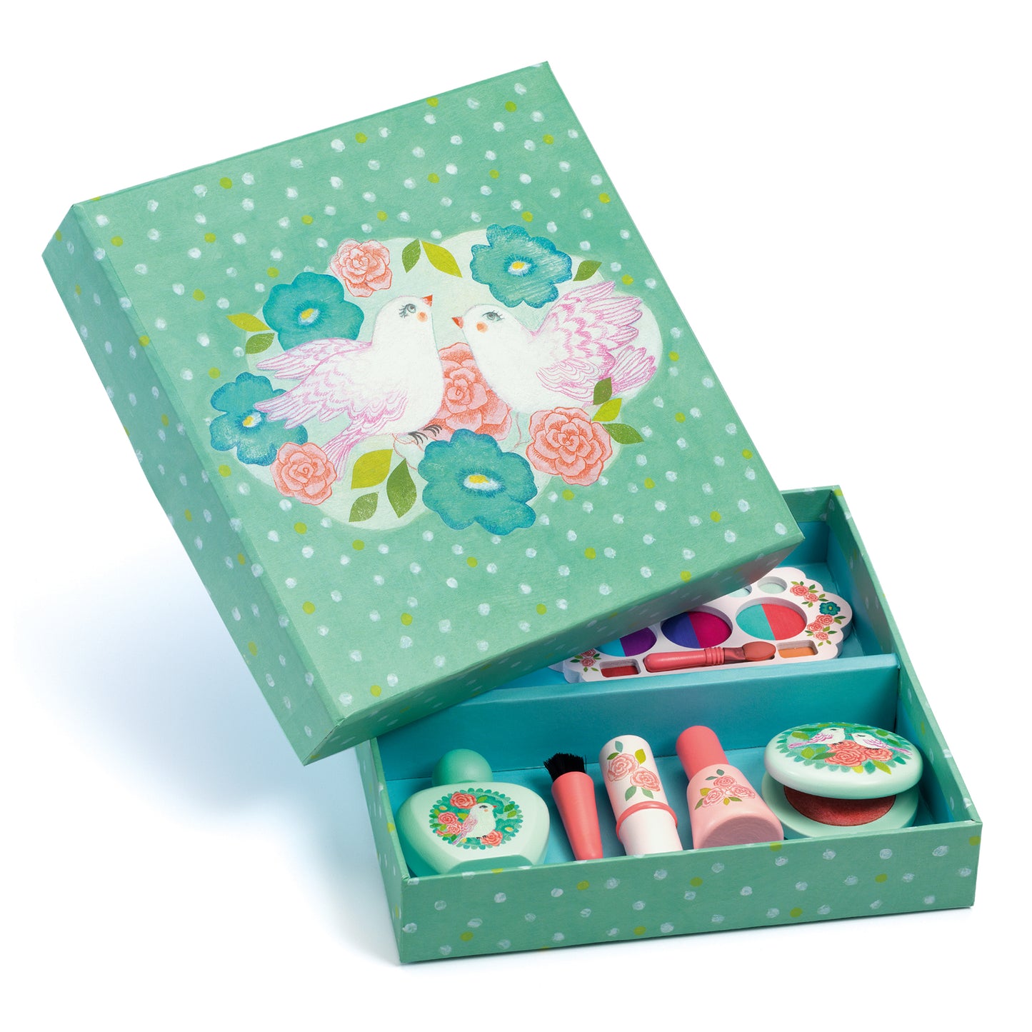 Coffret de rangement illustré d'oiseaux ouvert avec les accessoires de maquillage factices en bois Djeco.