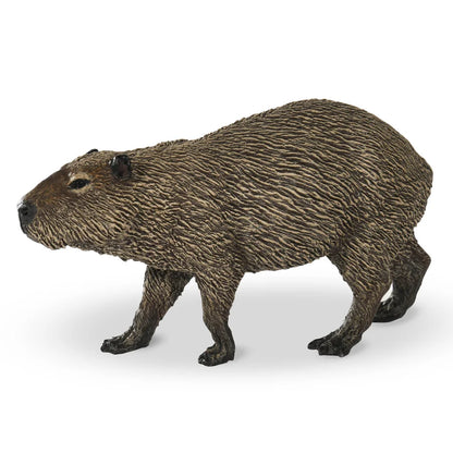 Figurine en plastique peinte à la main Capybara Papo texturée marron vue de profil sur fond blanc.