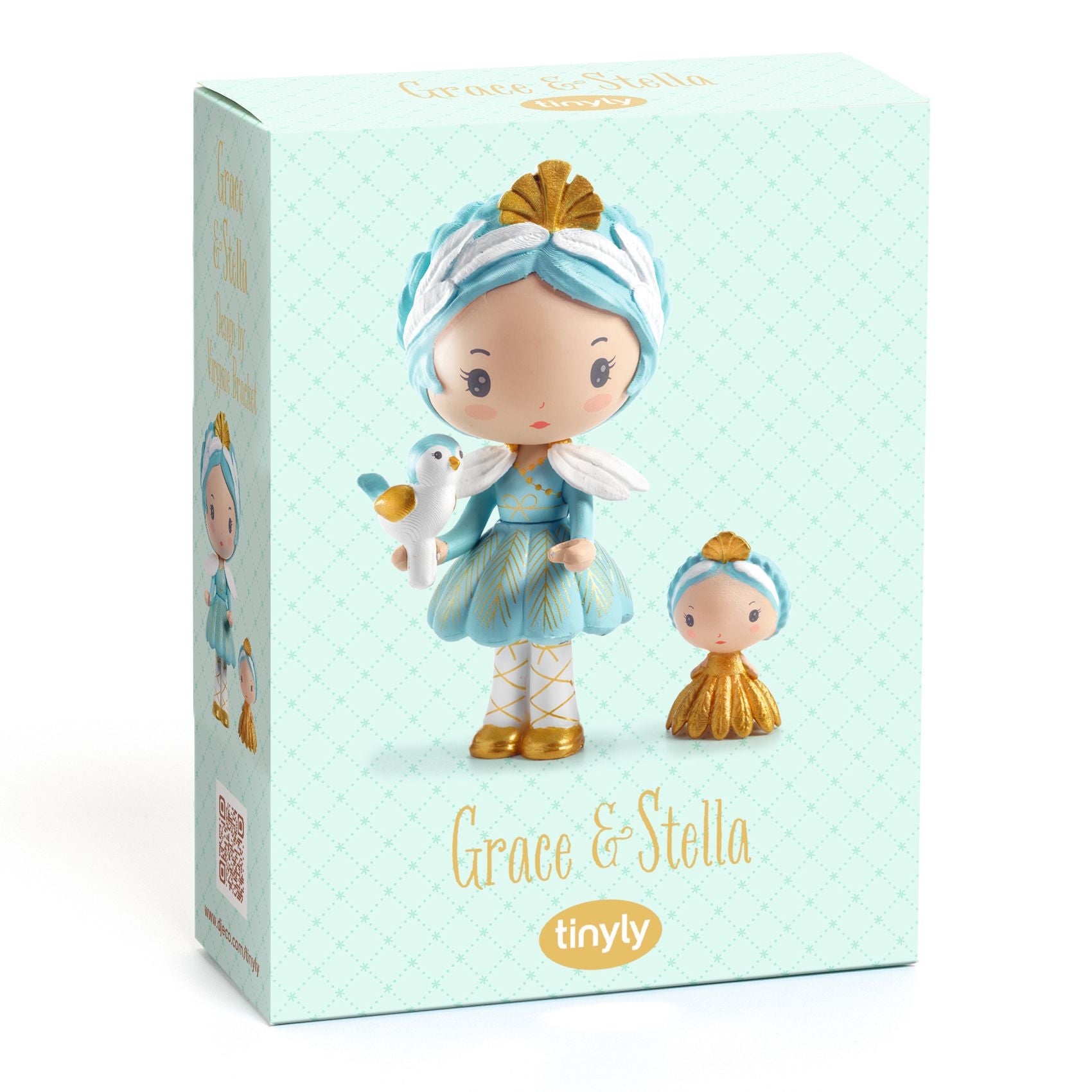 Boîte d'emballage vert menthe de la figurine de collection Grace & Stella de la gamme Tinyly par Djeco.