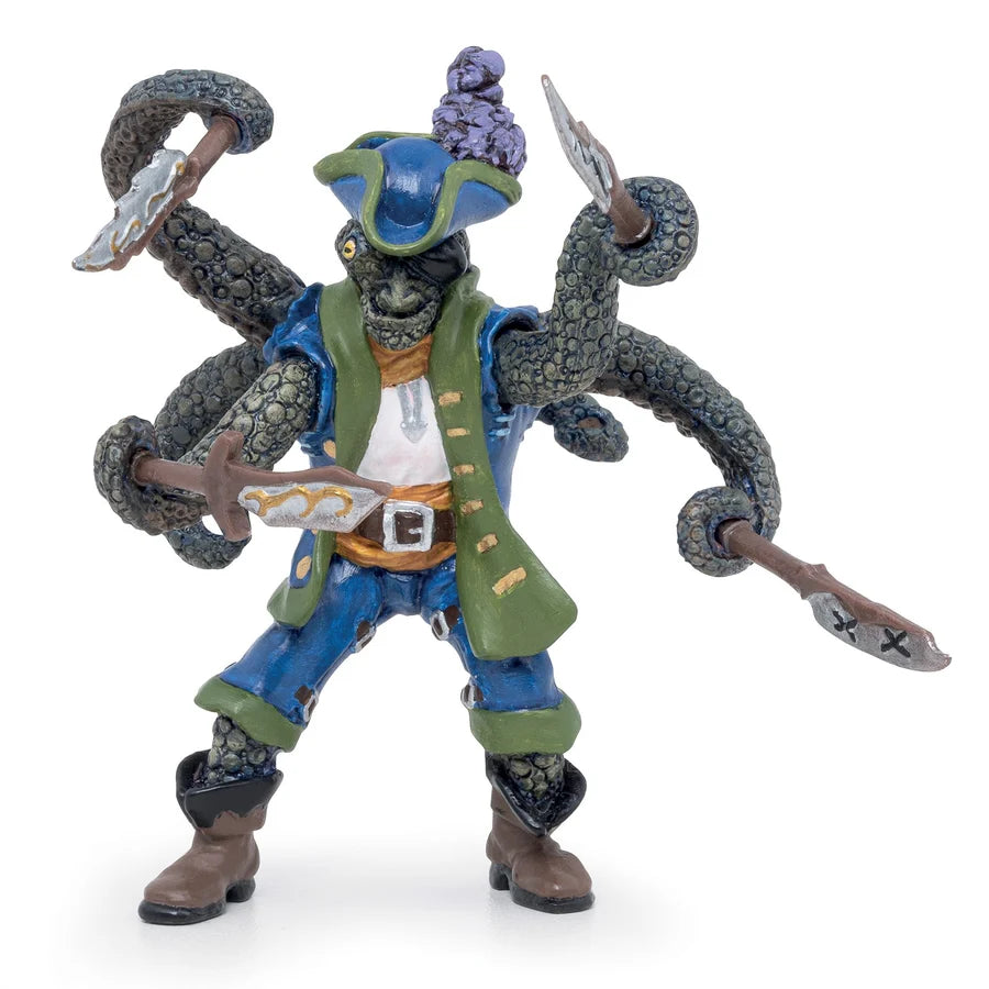 Figurine du Mutant pieuvre pirate Papo armé de sabres avec tentacules et chapeau sur fond blanc.