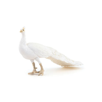 Figurine réaliste de paon blanc Papo avec longue traîne déployée vers l'arrière, vue de trois-quarts face sur fond blanc.