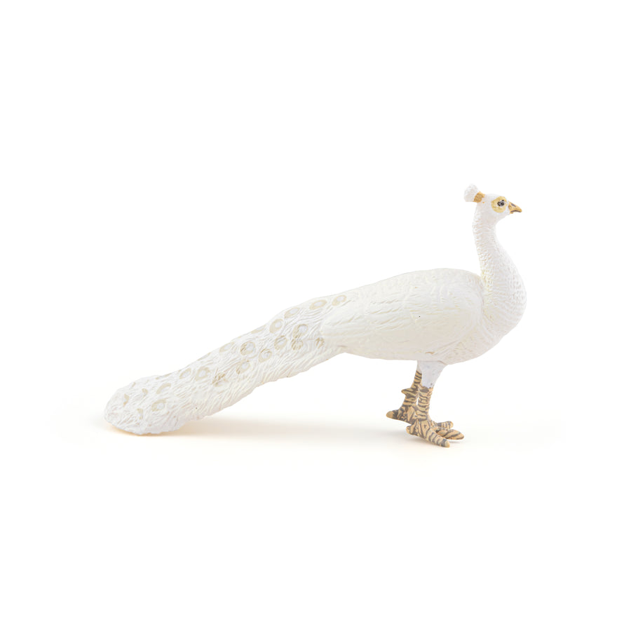 Figurine en plastique peinte à la main Paon blanc Papo aux détails de plumage sculptés, vue de profil sur fond blanc.