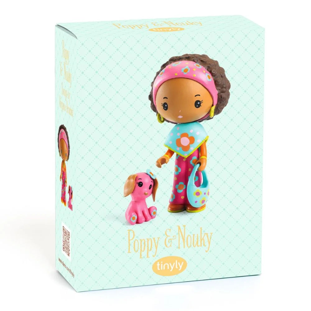 Boîte d'emballage menthe de la figurine de collection Poppy & Nouky de la gamme Tinyly par Djeco.