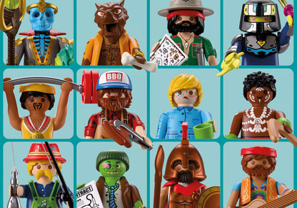 Grille des douze personnages de la collection Playmobil Figures Série 30 incluant des figurines à thème fantastique, aventurier et sportif.