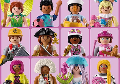 Grille des douze personnages de la collection Playmobil Figures Série 30 rose incluant une fée, une pirate, une footballeuse et une méduse.