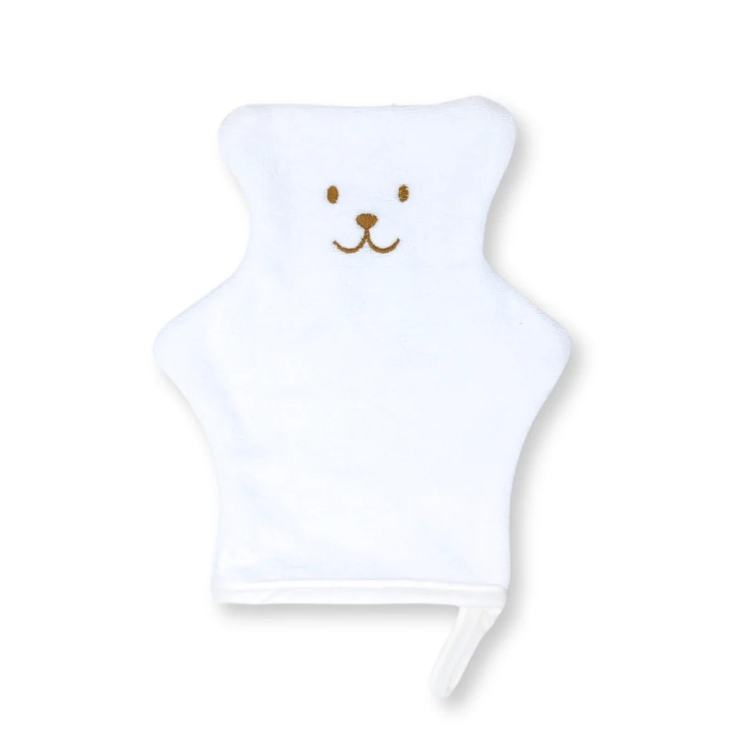 Gant de toilette en éponge douce blanc en forme d'ourson avec visages et yeux brodés de fil doré par Béké Bobo.