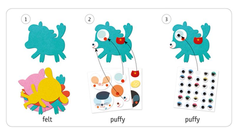 Instructions étape par étape du coffret Djeco montrant la customisation d'une silhouette d'animal en feutrine bleue avec des autocollants relief et des yeux mobiles.