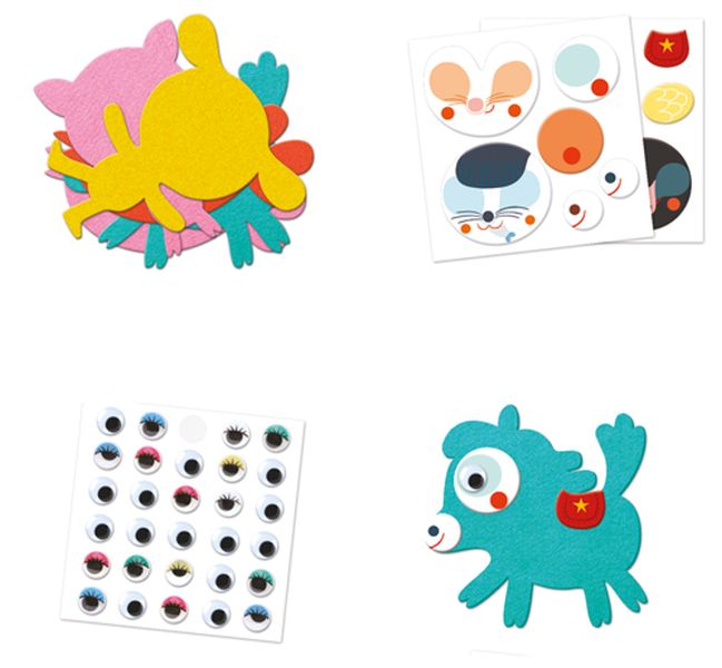 Matériel du coffret créatif Djeco comprenant des silhouettes d'animaux en feutrine colorée, des planchettes de gommettes en relief et des stickers d'yeux mobiles.