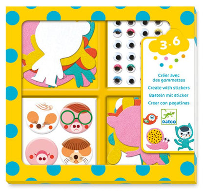 Boîte du coffret Créer avec des gommettes - J'aime les animaux de Djeco pour enfants de 3 à 6 ans, présentant des silhouettes en feutrine et des autocollants.