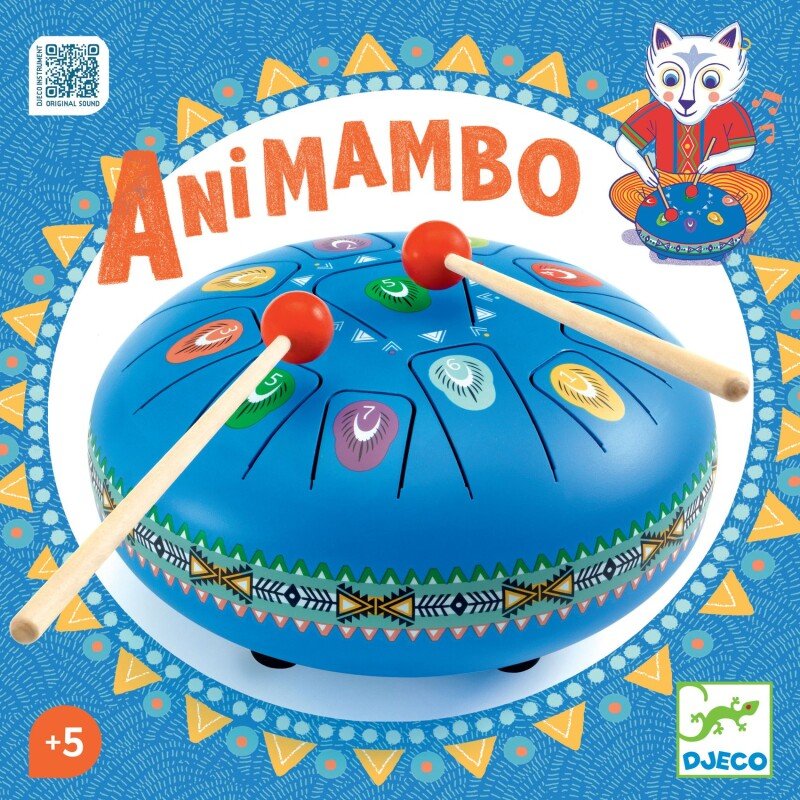 Boîte d'emballage du grand tambour à languettes bleu Animambo par Djeco pour enfants dès 5 ans, illustrée d'un renard jouant de la musique.