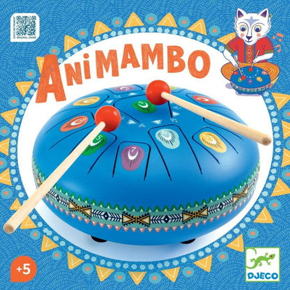 Boîte d'emballage du grand tambour à languettes bleu Animambo par Djeco pour enfants dès 5 ans, illustrée d'un renard jouant de la musique.