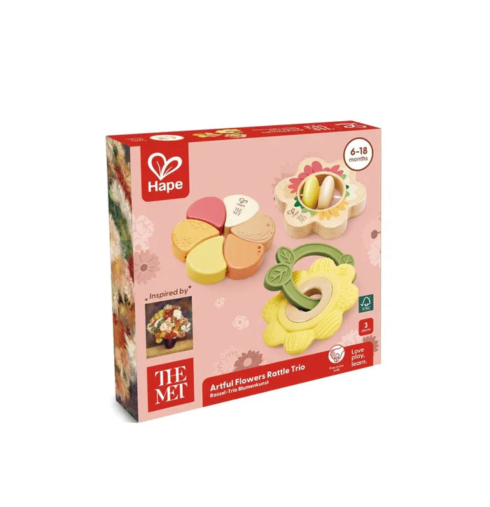 Boîte du coffret de hochets en bois Artful Flowers Rattle Trio de Hape en collaboration avec le musée The Met pour enfants de 6 à 18 mois.