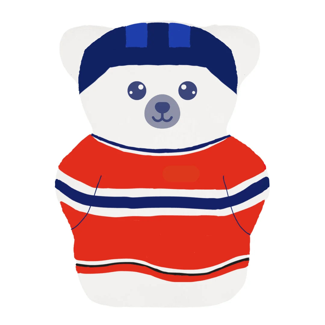 Housse amovible pour petit ourson thérapeutique Béké Bobo motif joueur de hockey avec chandail rouge et casque bleu.