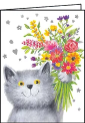 MINI GREETING CARD CAT WITH BOUQUET OF FLOWERS