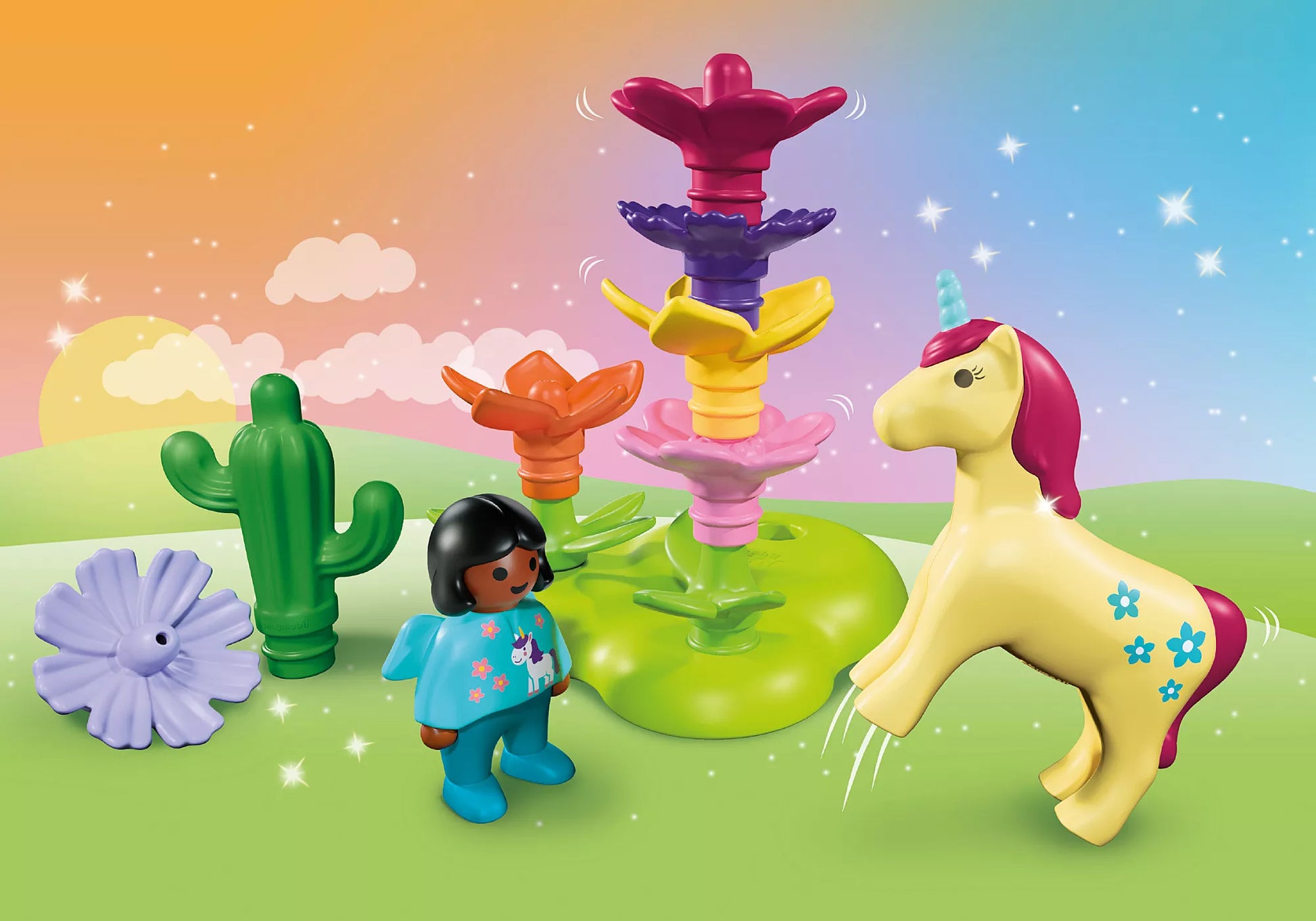 Ensemble Playmobil Junior Le jardin des licornes avec figurine d'enfant, licorne jaune, cactus et fleurs empilables