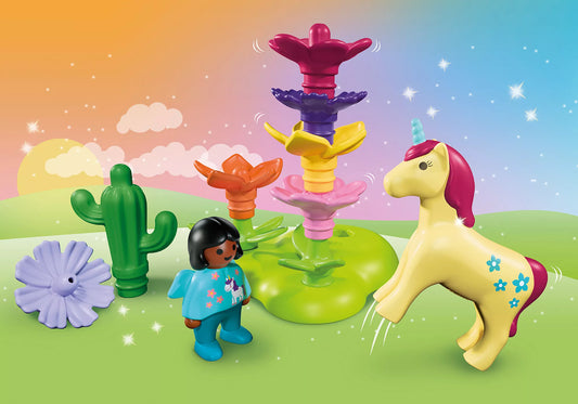 Ensemble Playmobil Junior Le jardin des licornes avec figurine d'enfant, licorne jaune, cactus et fleurs empilables