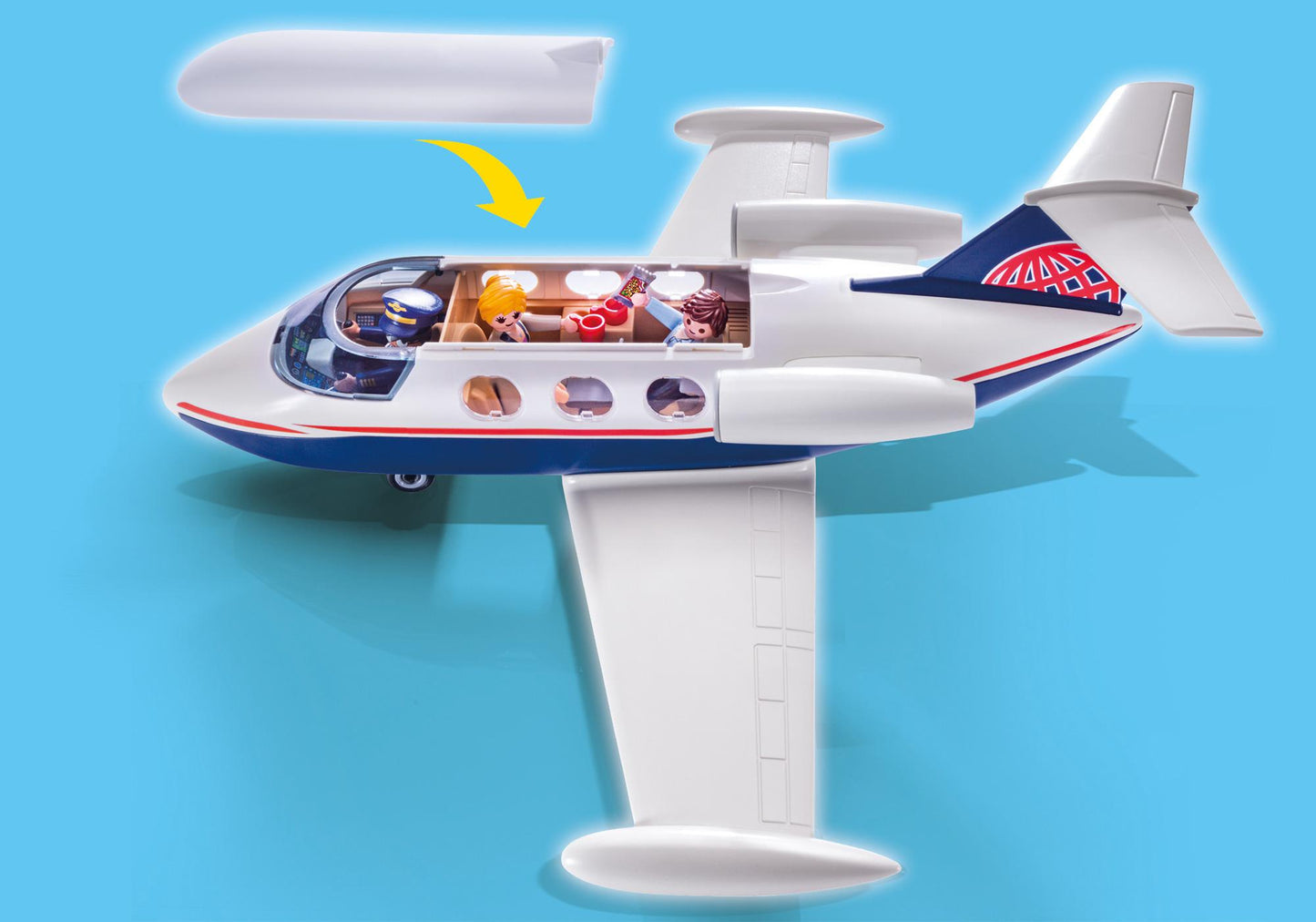 Vue du dessus du jet privé Playmobil avec le toit amovible ouvert dévoilant le cockpit et la cabine passagers.