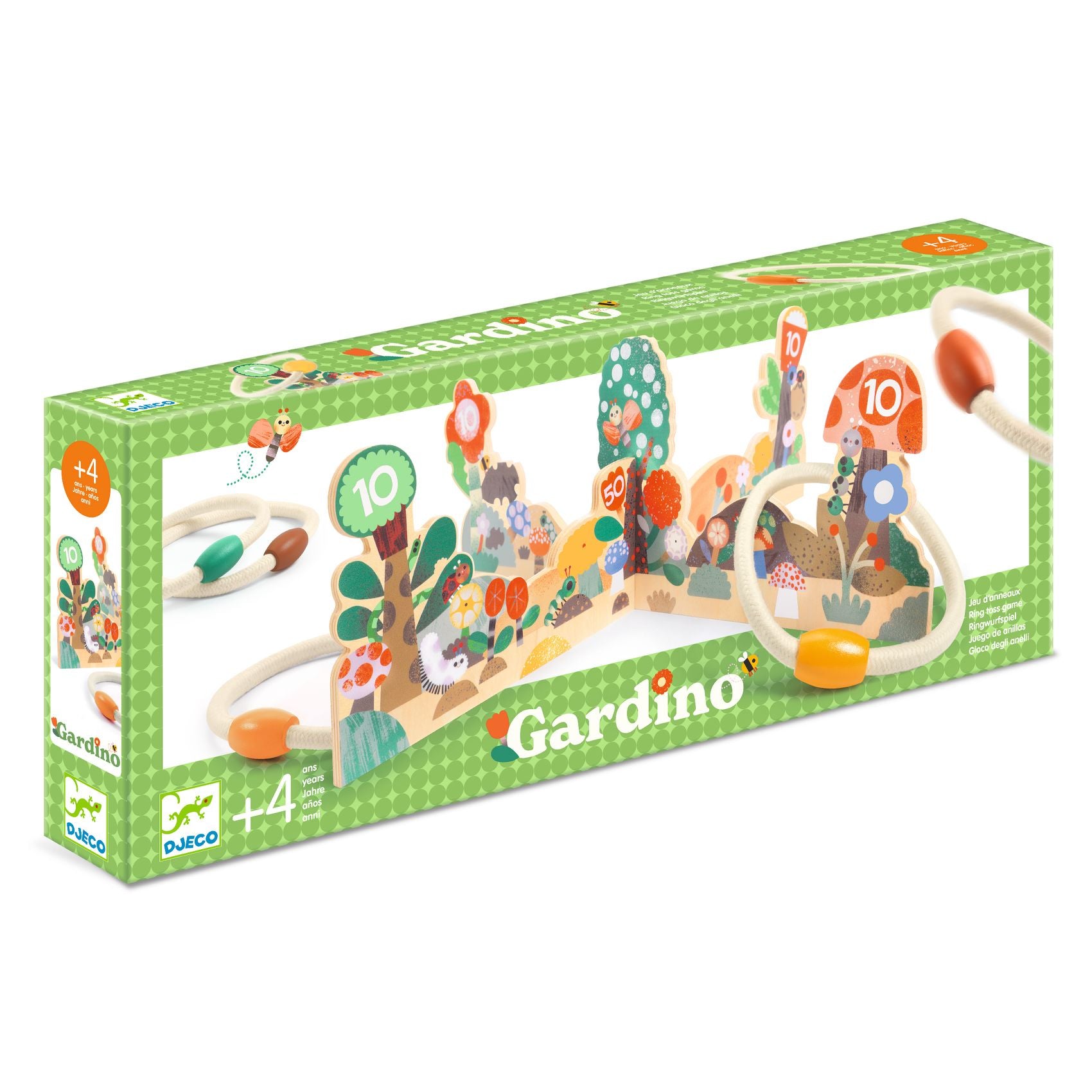 Boîte d'emballage verte du jeu de lancer d'anneaux Gardino de Djeco pour enfants de 4 ans et plus.