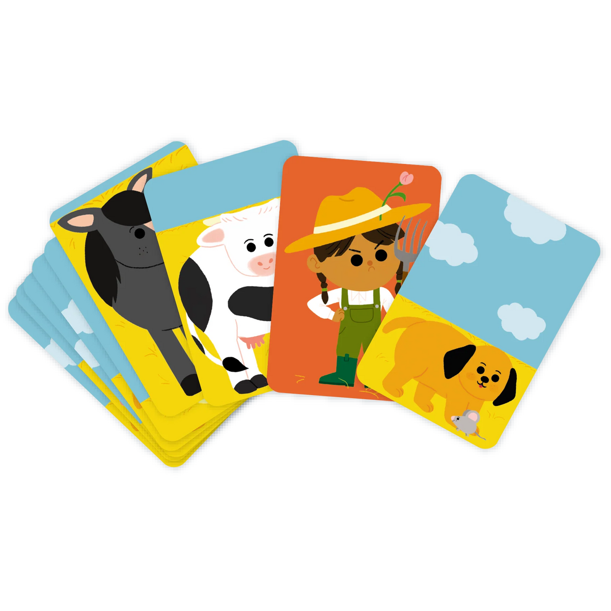 Cartes illustrées du jeu Bazar à la ferme Nathan représentant un cheval, une vache, une fermière et un chien.