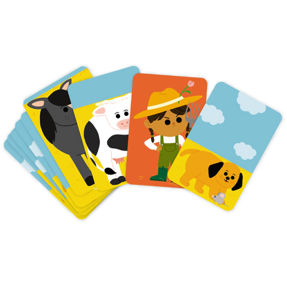 Cartes illustrées du jeu Bazar à la ferme Nathan représentant un cheval, une vache, une fermière et un chien.