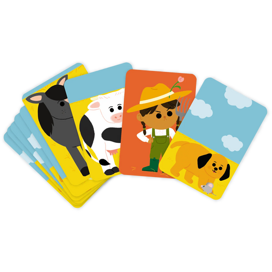Cartes illustrées du jeu Bazar à la ferme Nathan représentant un cheval, une vache, une fermière et un chien.