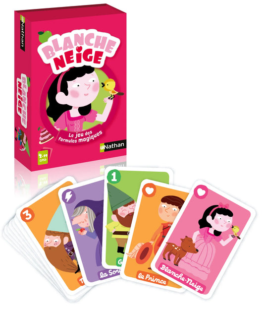 Boîte du jeu de cartes Blanche-Neige Le jeu des formules magiques Nathan accompagnée de cartes représentant la sorcière, les nains, le prince et Blanche-Neige.