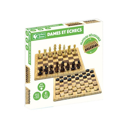 Boîte en carton du coffret de jeux d'échecs et de dames en bois Jeujura, fabriqué en France.