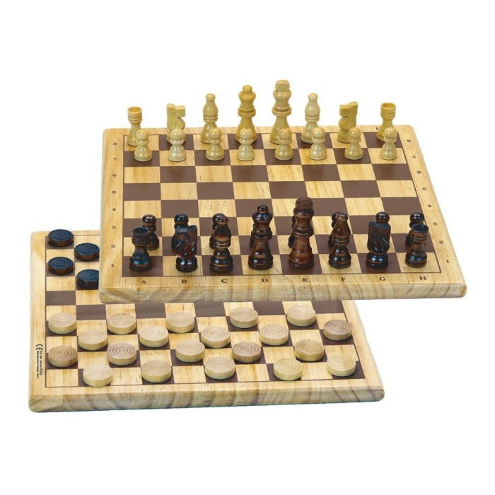 Plateau de jeu en bois Jeujura avec pion de dame et pièce d'échec sur damier.