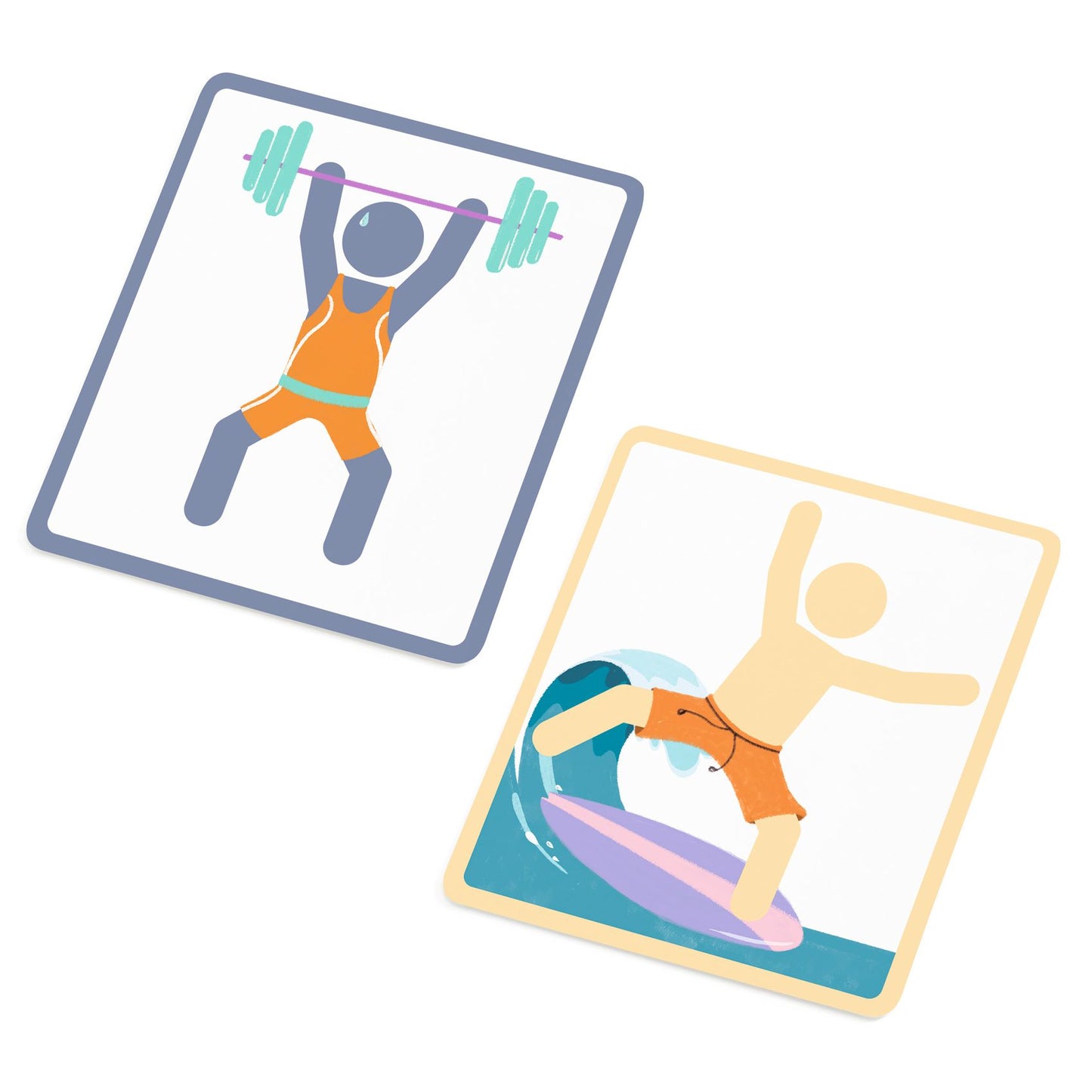 Deux cartes modèles illustrant un personnage soulevant des haltères et un autre faisant du surf sur une vague.