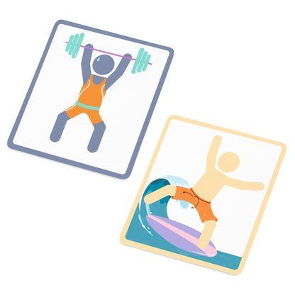 Deux cartes modèles illustrant un personnage soulevant des haltères et un autre faisant du surf sur une vague.