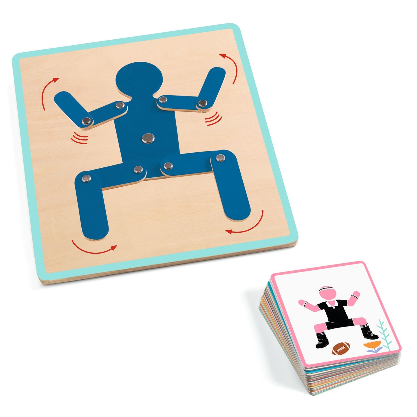 Plan large montrant le bonhomme bleu articulé ajusté sur sa planche en bois pour reproduire la position de squat de la carte modèle.