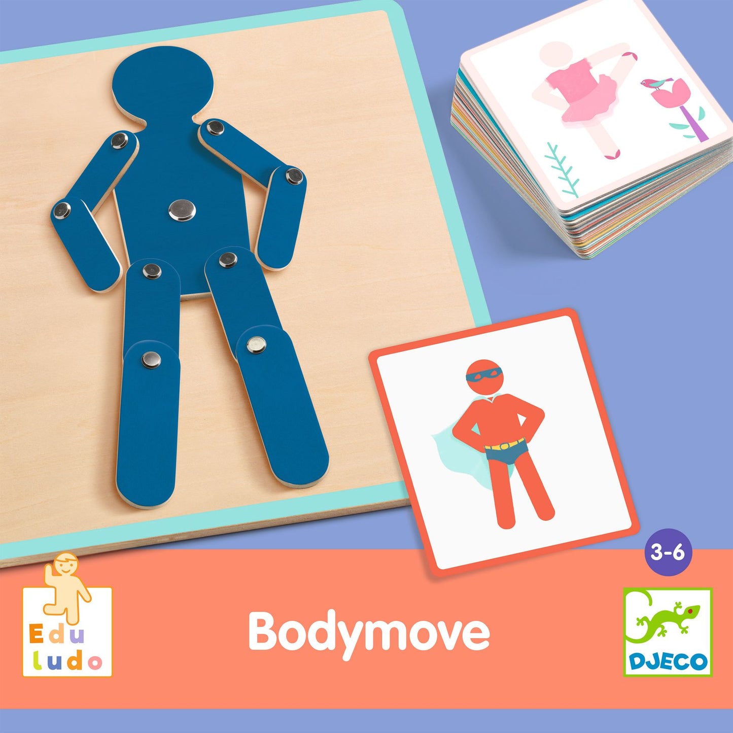 Boîte du jeu éducatif Bodymove d'Eduludo par Djeco pour les 3 à 6 ans, montrant une silhouette articulée bleue et des cartes de postures.