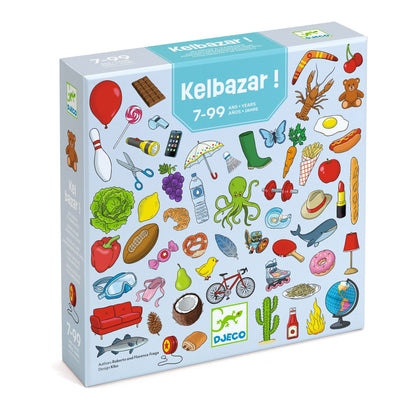 Boîte du jeu créatif et d'ambiance Kelbazar ! de Djeco pour enfants de 7 à 99 ans couverte de petits objets illustrés.