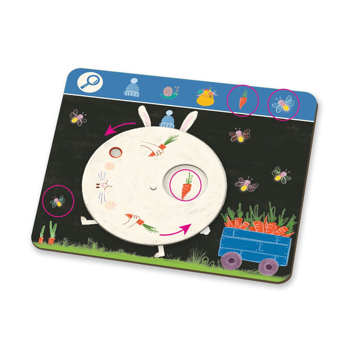 Plateau de jeu d'observation Djeco Obs Funny représentant un lapin blanc et un chariot de carottes avec une roue pivotante.