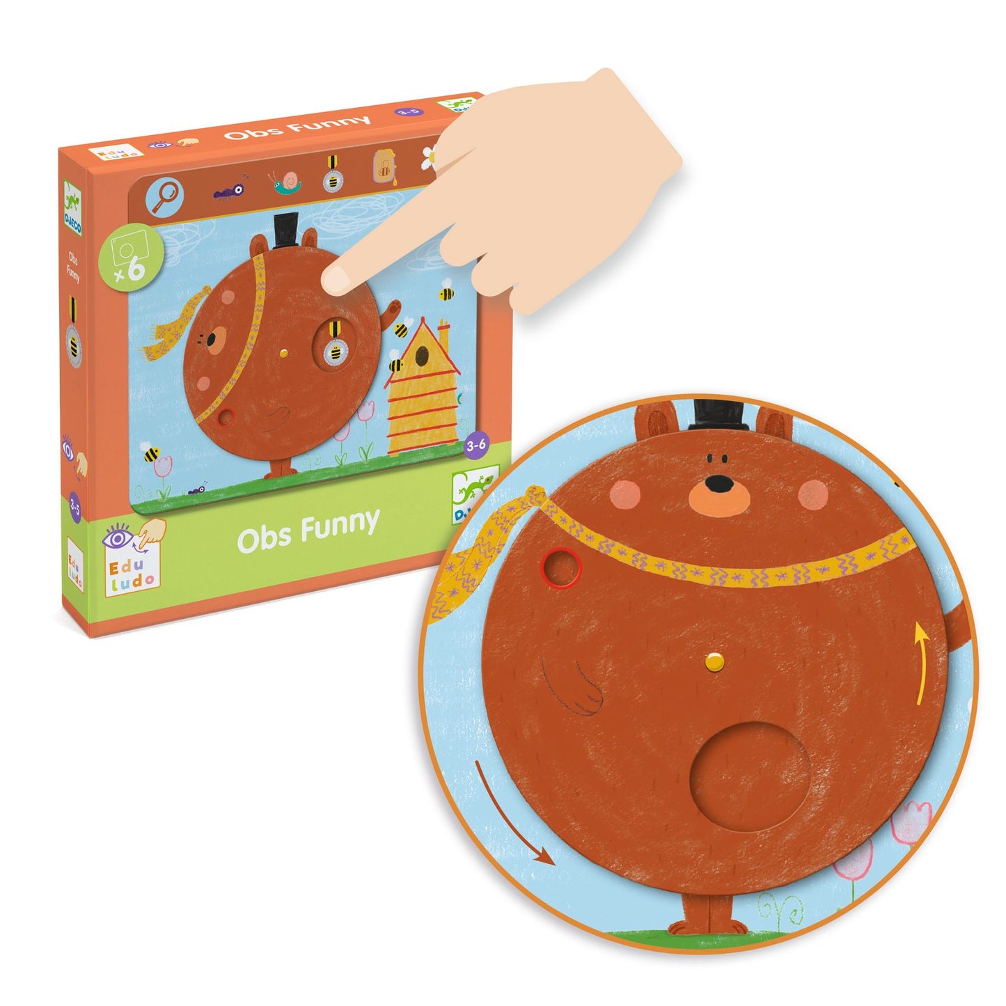 Gros plan sur le mécanisme de roue rotative du jeu d'observation Djeco Obs Funny illustré avec un ours brun.